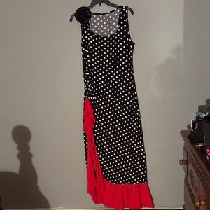 SHEIN Black and White Polka Dot Asymmetrical Dress with Red Ruffle with Slit